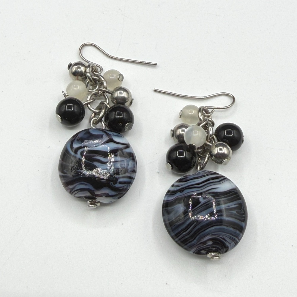 Black Blue Swirl Glass Bead Cluster Dangle Earrings Silver Tone Boho Pierced